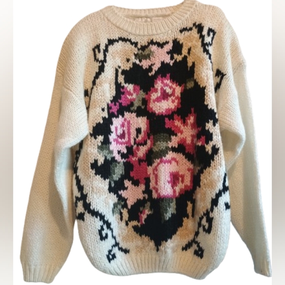 Vintage 80s/90s Needles & Yarn Floral Knit Sweater Medium Shoulder Pads Chunky - Picture 2 of 12